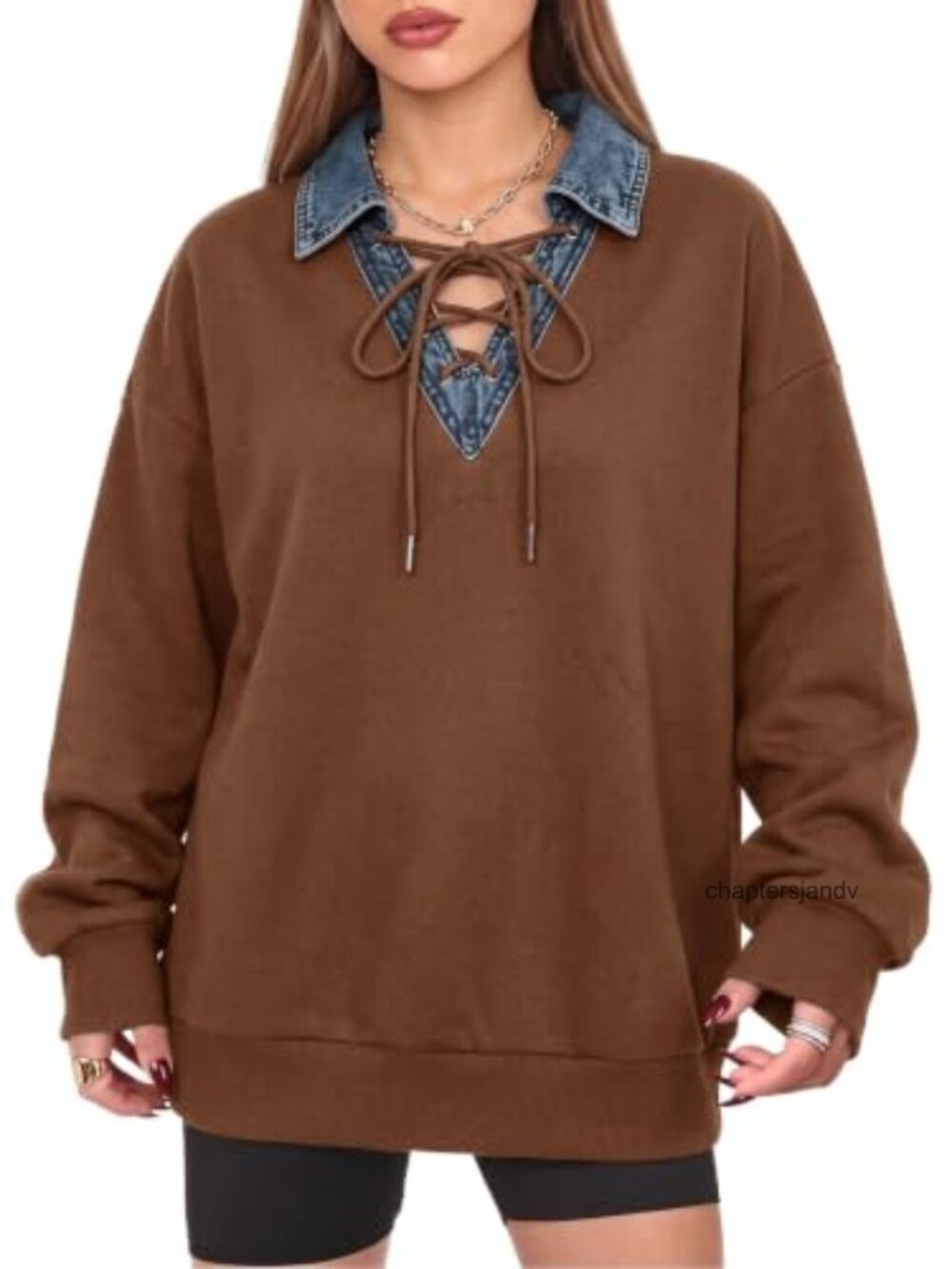 Women's Oversized Sweatshirt with Denim Collar Lace-Up Pullover